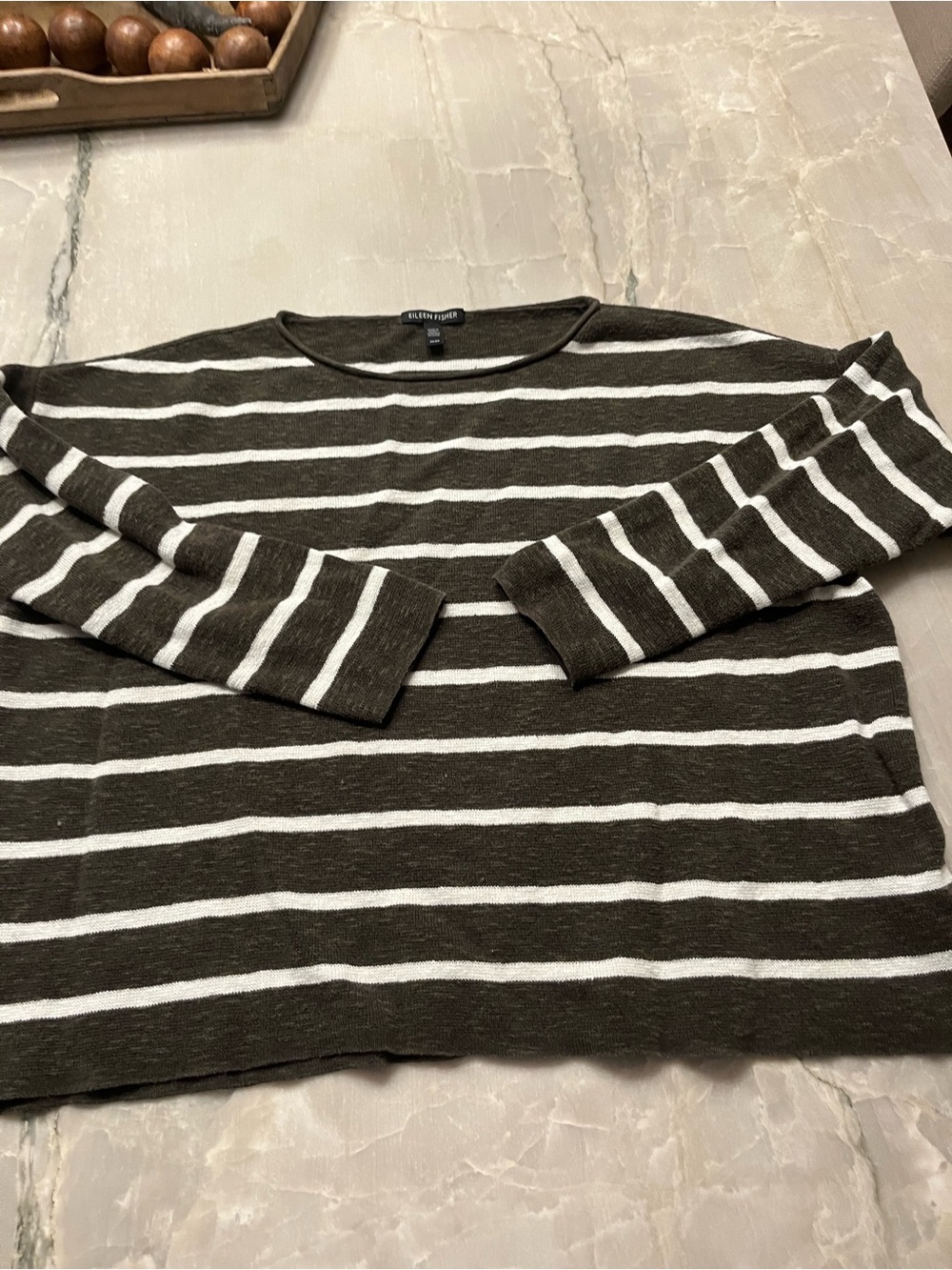 Eileen Fisher Olive Green & White Striped Crewneck Sweater